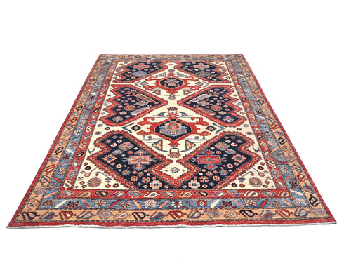 6x9 Beige Blue Aryana Afghan Hand Knotted Veg Dye Wool Area Rug